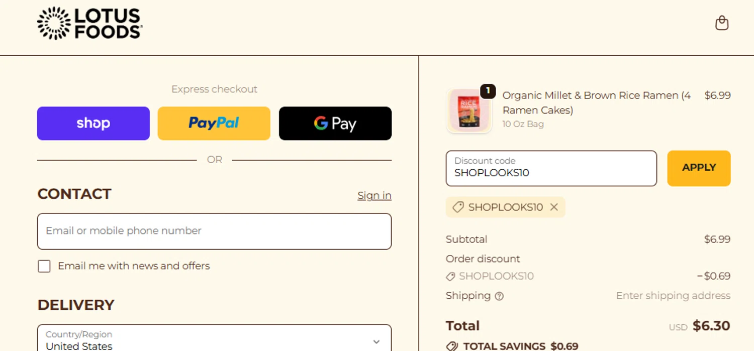 Lotus Foods promo code screenshot showing code SHOPLOOKS10 applied at Lotus Foods checkout page. Uploaded by SimplyCodes community member ashe1986 on Oct 9, 2025