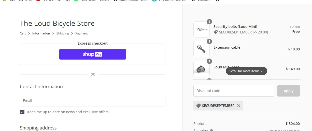 Loud Bicycle checkout page showing Loud Bicycle promo code box | Screenshot taken by SimplyCodes community member on Sep 16, 2020