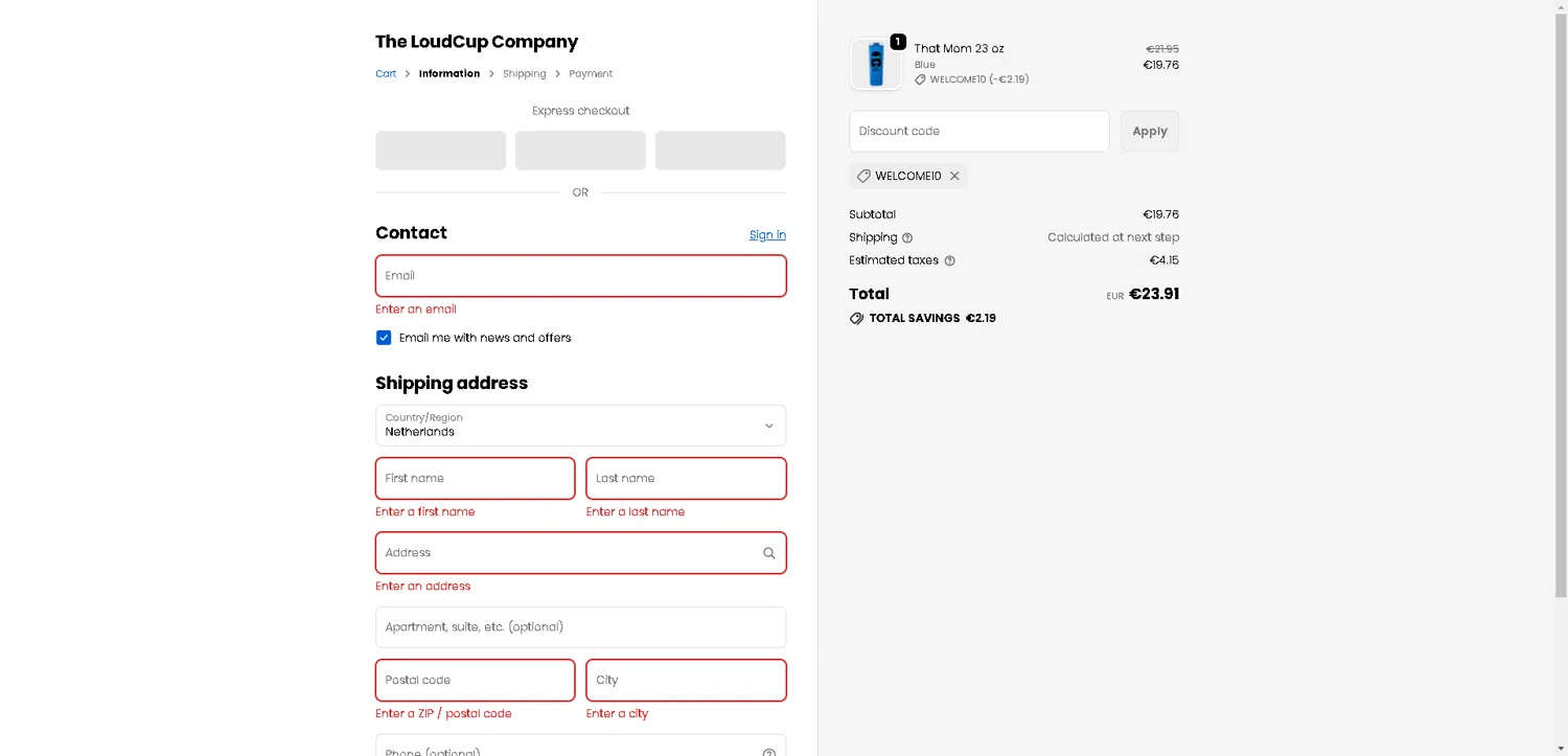 LoudCup discount code screenshot showing code WELCOME10 applied at LoudCup checkout page. Uploaded by SimplyCodes community member ExtraordinaryMaven3628 on Oct 30, 2025