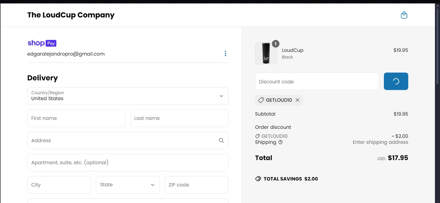 LoudCup discount code screenshot showing code GETLOUD10 applied at LoudCup checkout page. Uploaded by SimplyCodes community member SmartGenius4250 on Apr 7, 2025