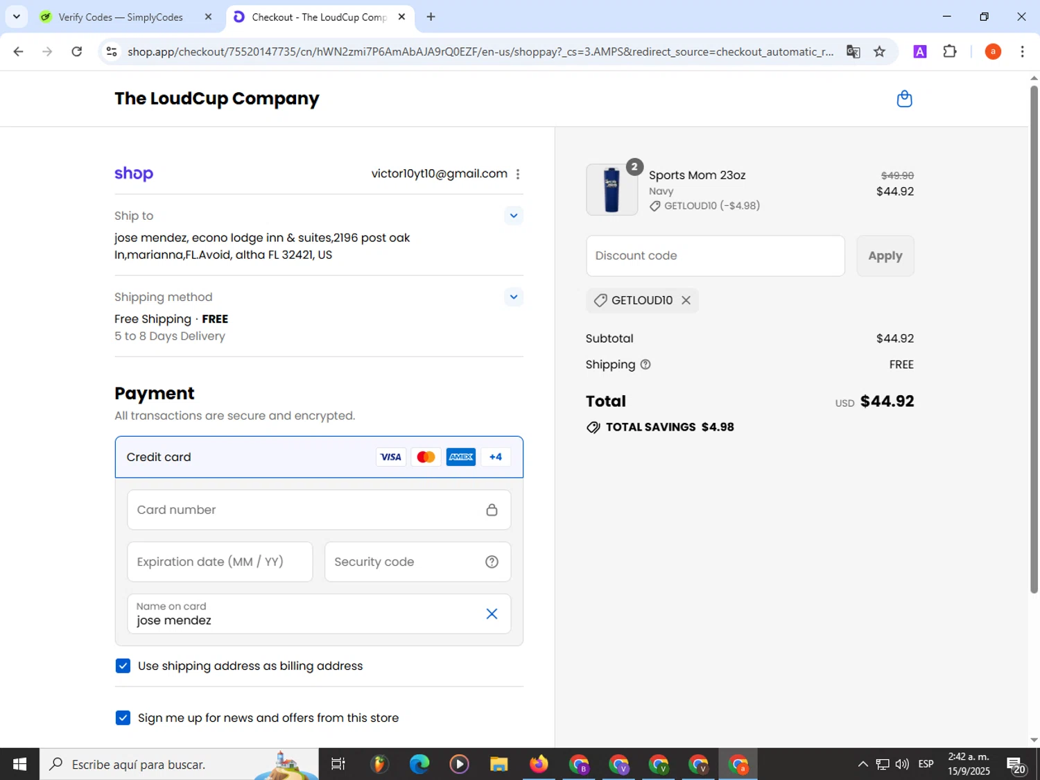 LoudCup discount code screenshot showing code GETLOUD10 applied at LoudCup checkout page. Uploaded by SimplyCodes community member partenalgas on Sep 15, 2025
