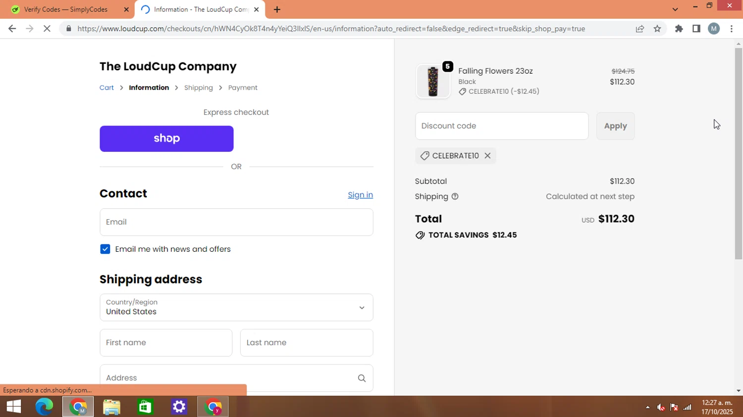 LoudCup discount code screenshot showing code CELEBRATE10 applied at LoudCup checkout page. Uploaded by SimplyCodes community member AJOTAA on Oct 17, 2025