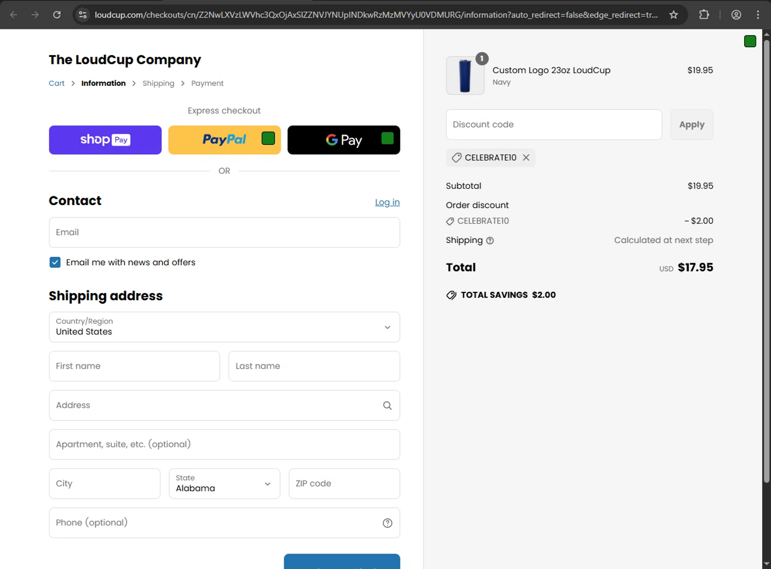 LoudCup discount code screenshot showing code CELEBRATE10 applied at LoudCup checkout page. Uploaded by SimplyCodes community member megagei on May 23, 2025