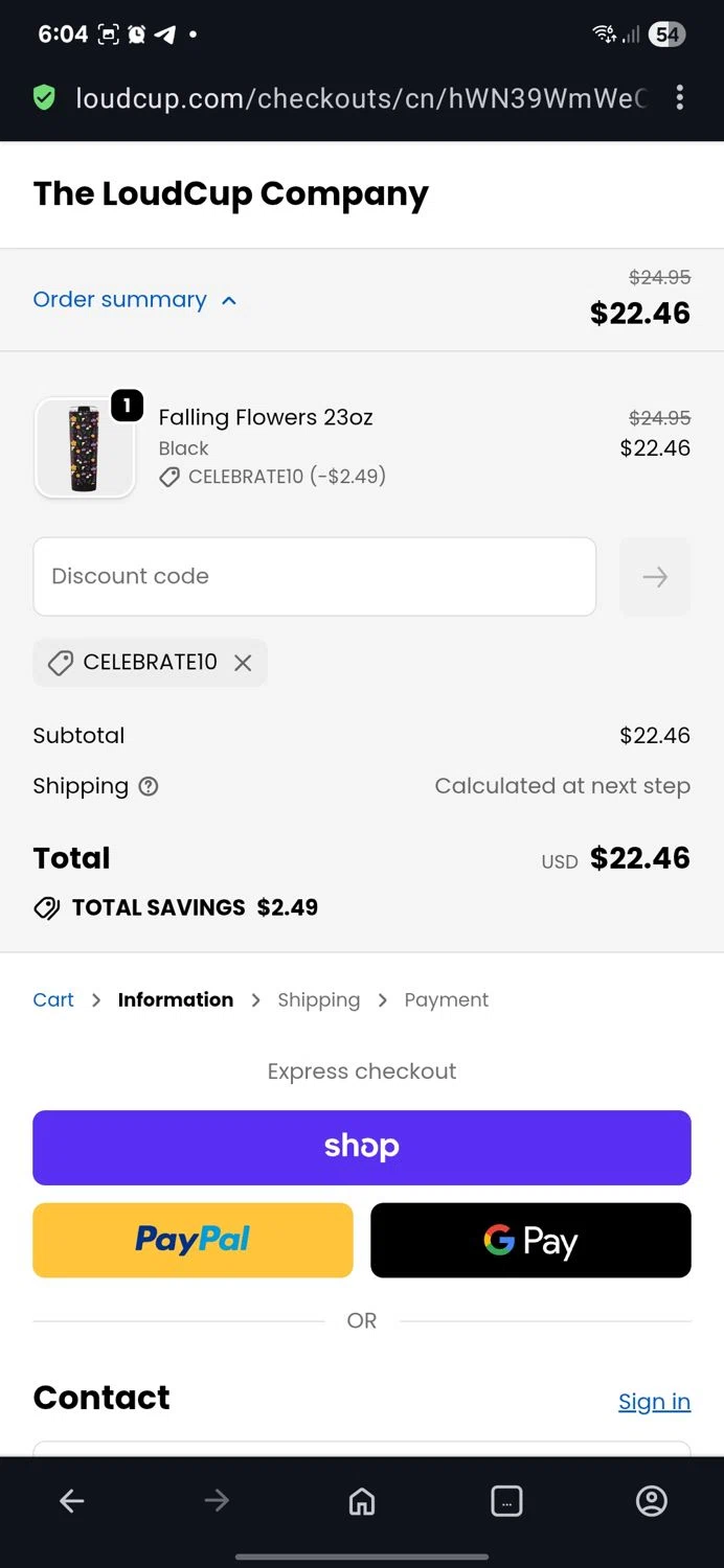 LoudCup discount code screenshot showing code CELEBRATE10 applied at LoudCup checkout page. Uploaded by SimplyCodes community member guest_623525963 on Sep 19, 2025