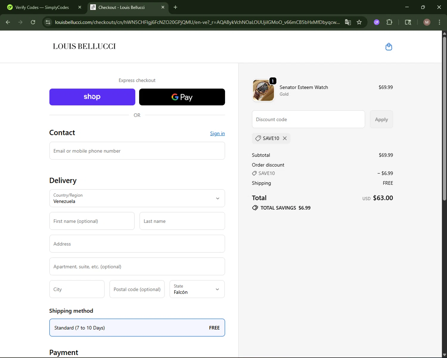 Louis Bellucci promo code screenshot showing code SAVE10 applied at Louis Bellucci checkout page. Uploaded by SimplyCodes community member CoinLegend4598 on Nov 12, 2025
