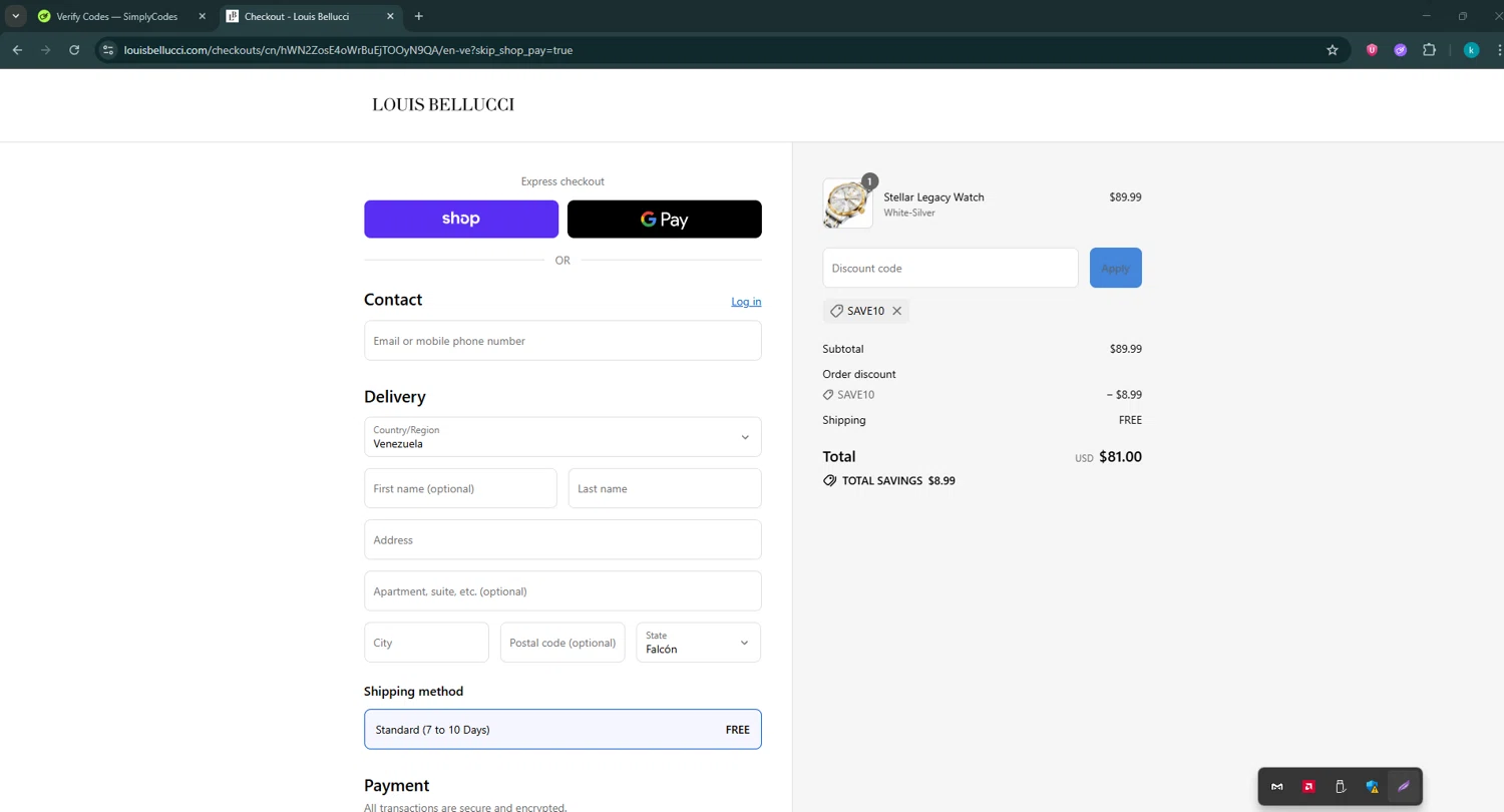 Louis Bellucci promo code screenshot showing code SAVE10 applied at Louis Bellucci checkout page. Uploaded by SimplyCodes community member RewardKnight9989 on Sep 4, 2025