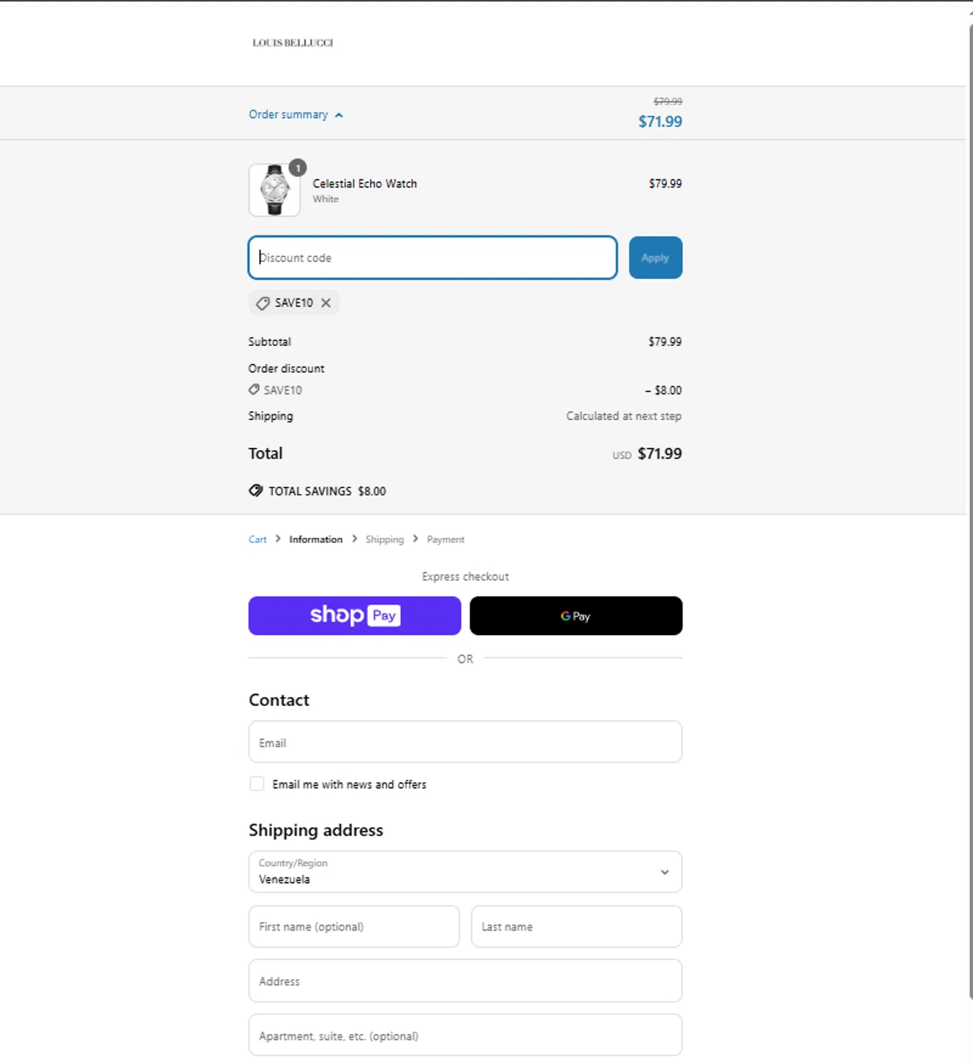 Louis Bellucci promo code screenshot showing code SAVE10 applied at Louis Bellucci checkout page. Uploaded by SimplyCodes community member alejandroadrianza on Mar 27, 2025
