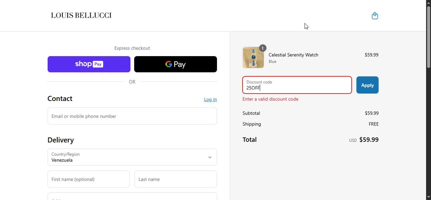 Louis Bellucci promo code screenshot showing code 25OFF applied at Louis Bellucci checkout page. Uploaded by SimplyCodes community member Prospecto on Aug 3, 2025