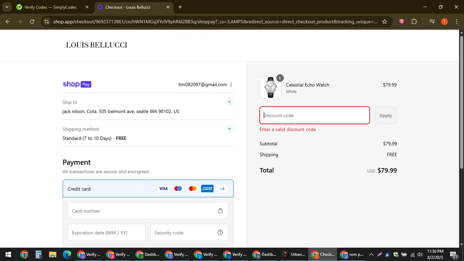 Louis Bellucci promo code screenshot showing code 25OFF applied at Louis Bellucci checkout page. Uploaded by SimplyCodes community member ShrewdAce8338 on Aug 3, 2025