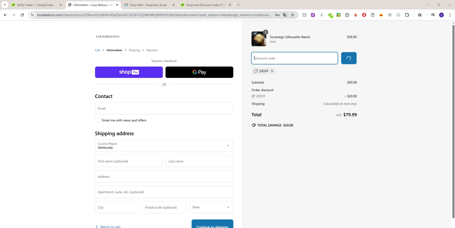 Louis Bellucci promo code screenshot showing code 20OFF applied at Louis Bellucci checkout page. Uploaded by SimplyCodes community member LAGUGU on Mar 27, 2025