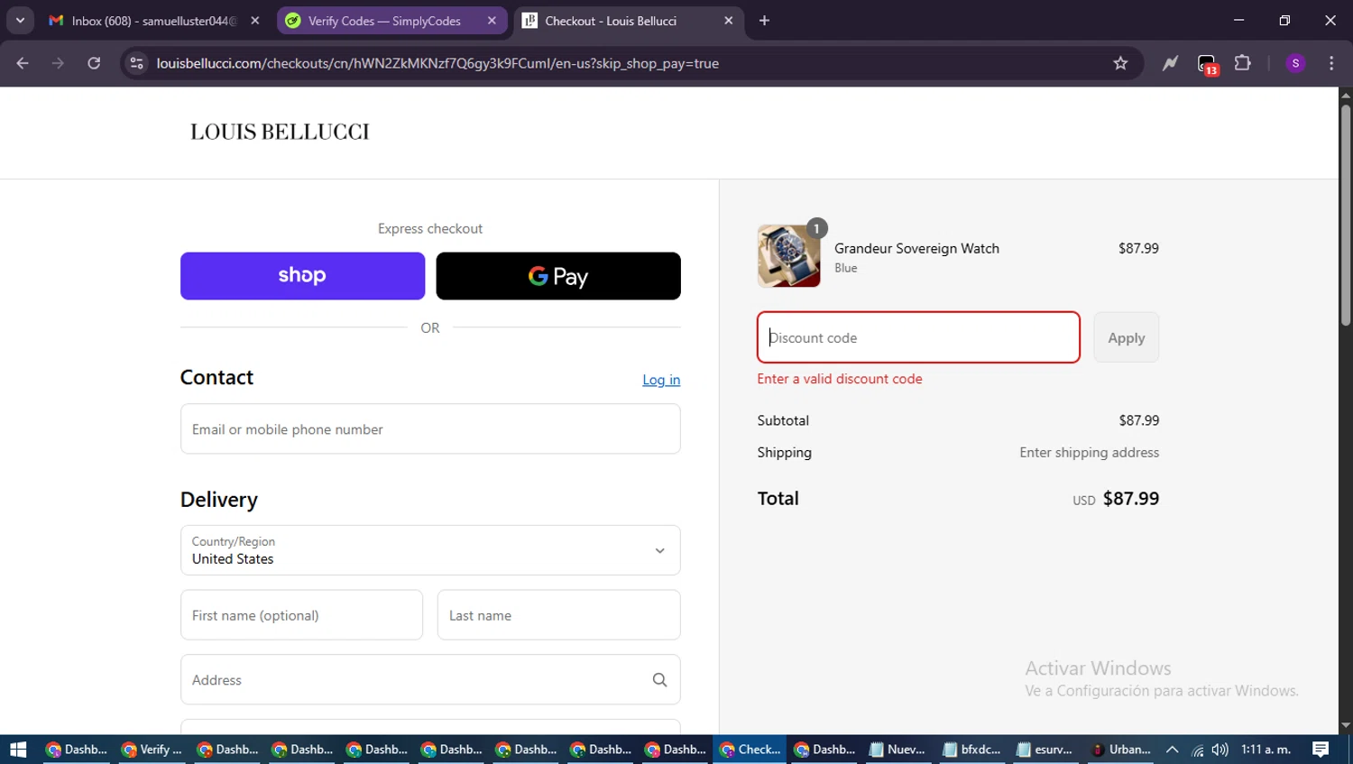 Louis Bellucci promo code screenshot showing code 20OFF applied at Louis Bellucci checkout page. Uploaded by SimplyCodes community member ShieldWarden7838 on Sep 4, 2025