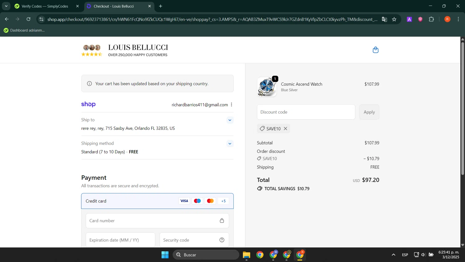 Louis Bellucci promo code screenshot showing code BOGO applied at Louis Bellucci checkout page. Uploaded by SimplyCodes community member LuckyShopper9694 on Dec 3, 2025
