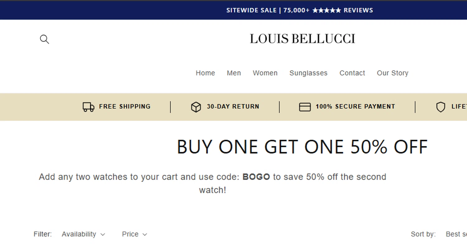 Louis Bellucci promo code screenshot showing code BOGO applied at Louis Bellucci checkout page. Uploaded by SimplyCodes community member leiraM on Dec 16, 2025