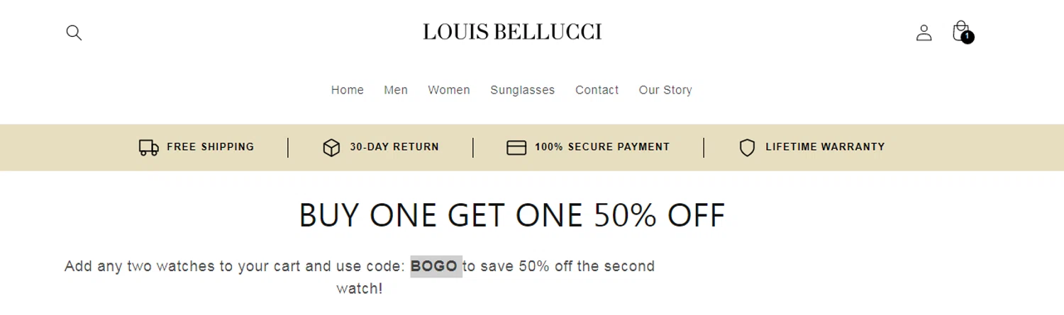 Louis Bellucci promo code screenshot showing code BOGO applied at Louis Bellucci checkout page. Uploaded by SimplyCodes community member Alofoke on Dec 3, 2025