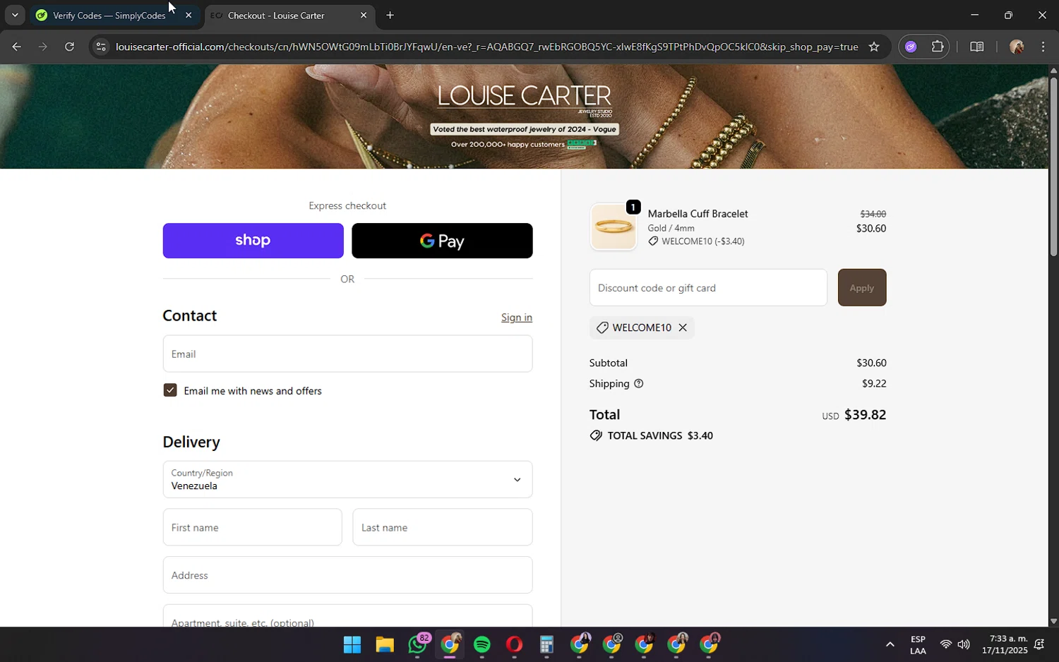 Louise Carter discount code screenshot showing code WELCOME10 applied at Louise Carter checkout page. Uploaded by SimplyCodes community member JennaOrtega on Nov 17, 2025