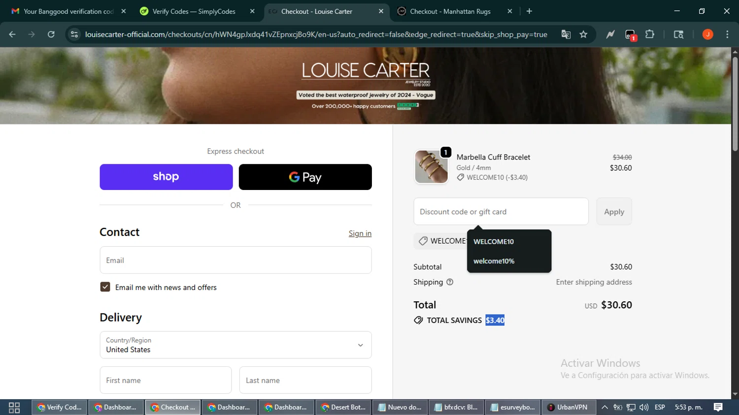 Louise Carter discount code screenshot showing code WELCOME10 applied at Louise Carter checkout page. Uploaded by SimplyCodes community member NobleAce2304 on Oct 29, 2025