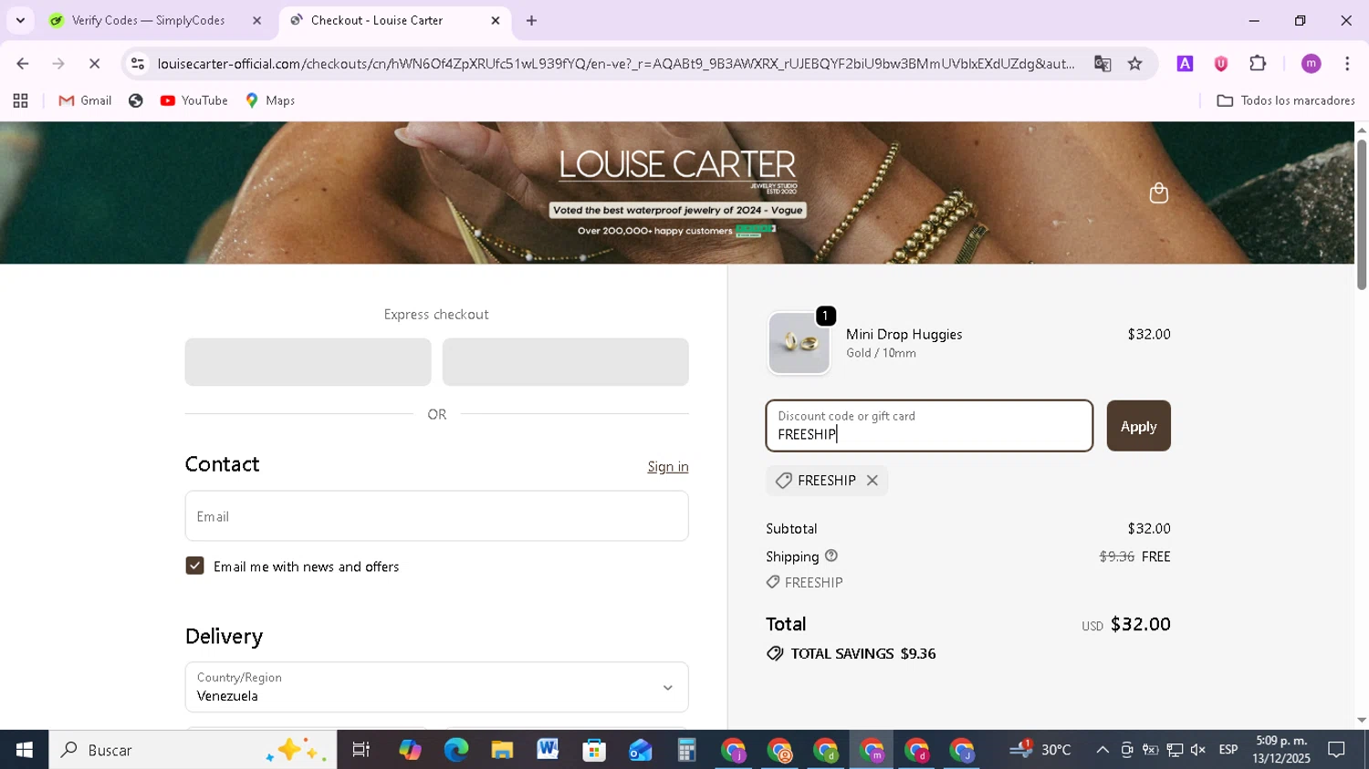 Louise Carter discount code screenshot showing code FREESHIP applied at Louise Carter checkout page. Uploaded by SimplyCodes community member BudgetMonarch8952 on Dec 13, 2025