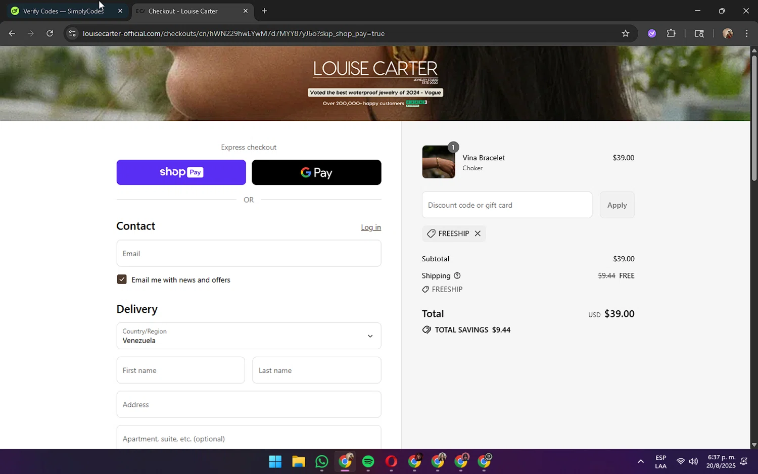 Louise Carter discount code screenshot showing code FREESHIP applied at Louise Carter checkout page. Uploaded by SimplyCodes community member JennaOrtega on Aug 20, 2025
