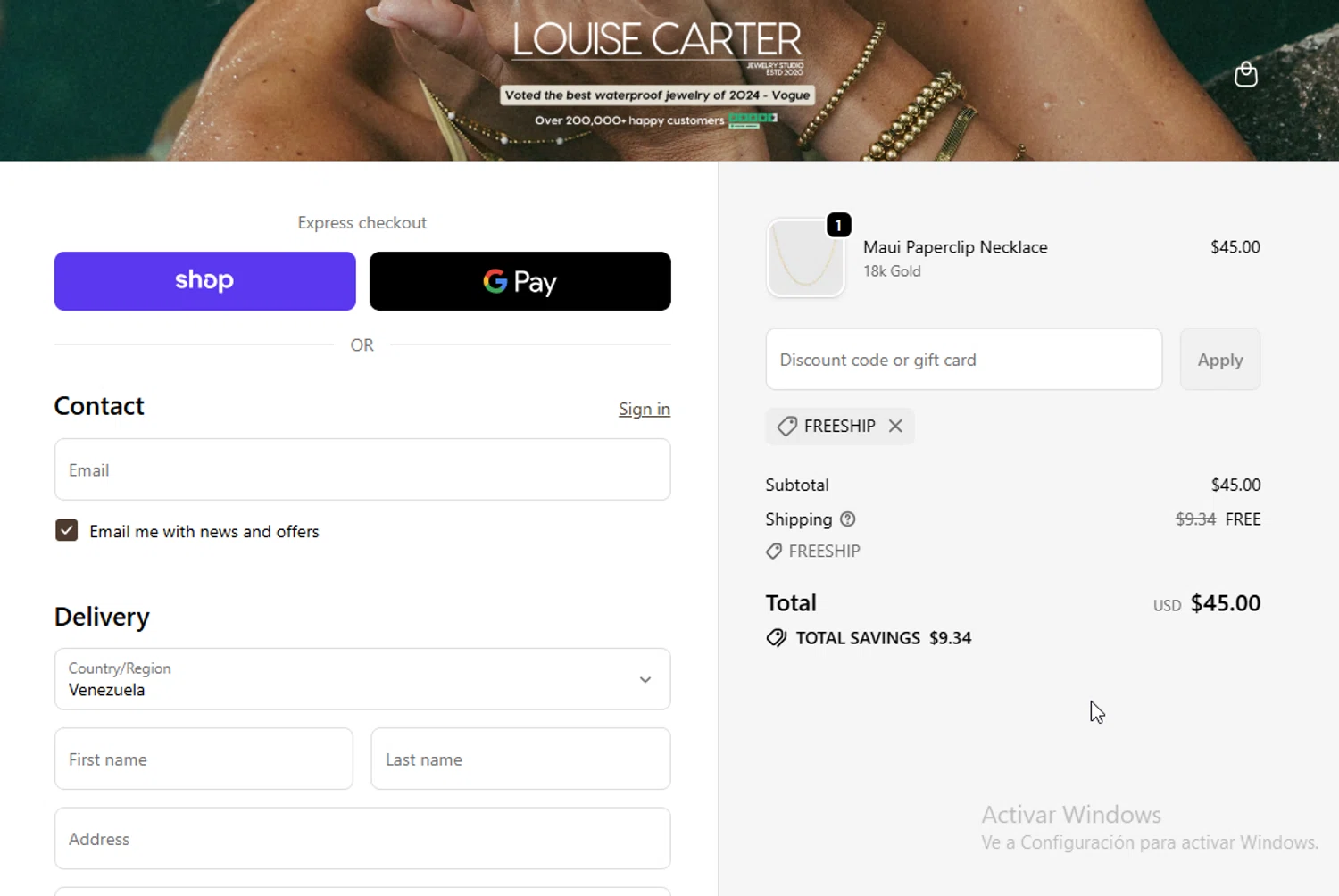 Louise Carter discount code screenshot showing code FREESHIP applied at Louise Carter checkout page. Uploaded by SimplyCodes community member danyx_gx on Dec 8, 2025