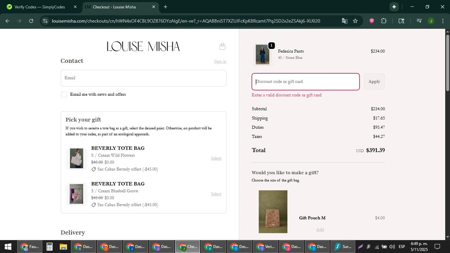Louise Misha promo code screenshot showing code WELCOME applied at Louise Misha checkout page. Uploaded by SimplyCodes community member ShieldFinder369 on Nov 5, 2025