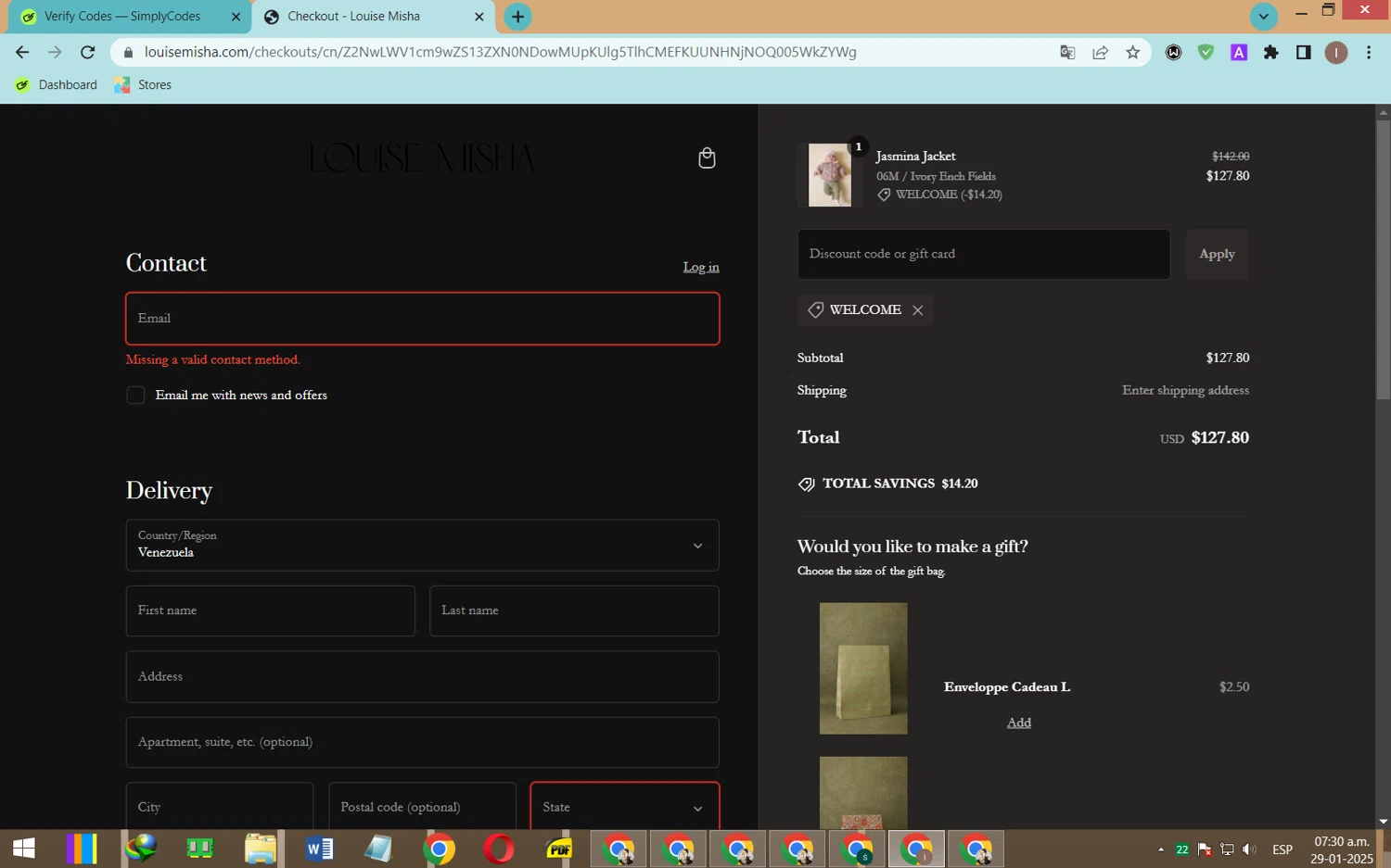 Louise Misha promo code screenshot showing code WELCOME applied at Louise Misha checkout page. Uploaded by SimplyCodes community member CleverOwl2485 on Jan 29, 2025
