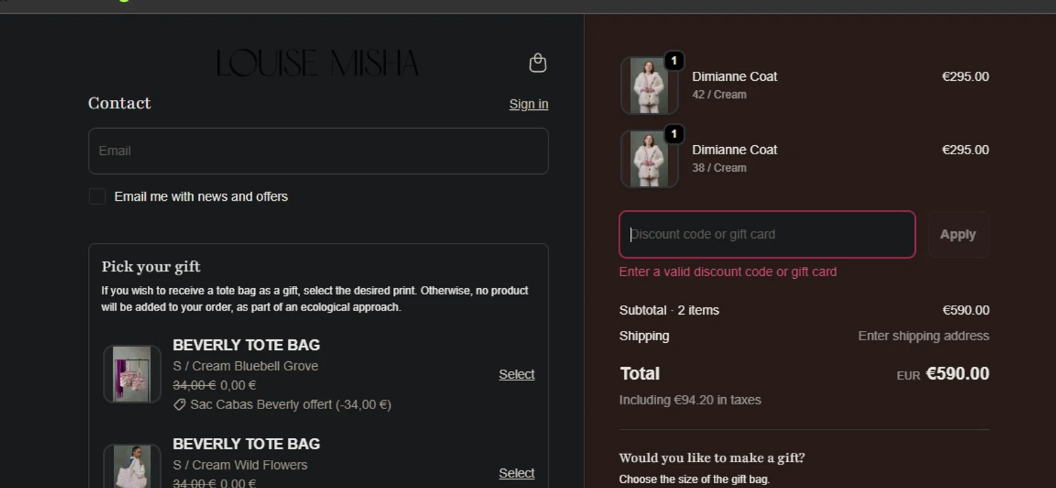 Louise Misha promo code screenshot showing code LASTCHANCE applied at Louise Misha checkout page. Uploaded by SimplyCodes community member jaimitoalcachofa on Oct 14, 2025