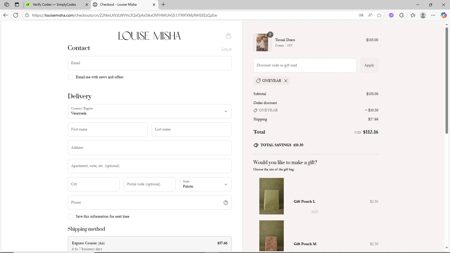 Louise Misha checkout page showing Louise Misha promo code box | Screenshot taken by SimplyCodes community member on Jun 18, 2025