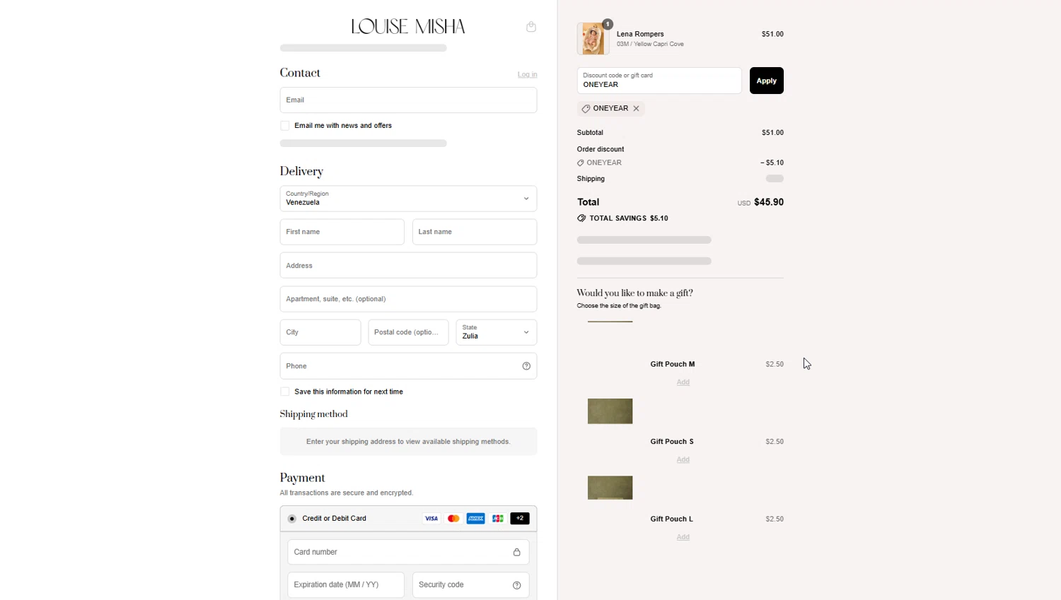 Louise Misha checkout page showing Louise Misha promo code box | Screenshot taken by SimplyCodes community member on Jul 17, 2025