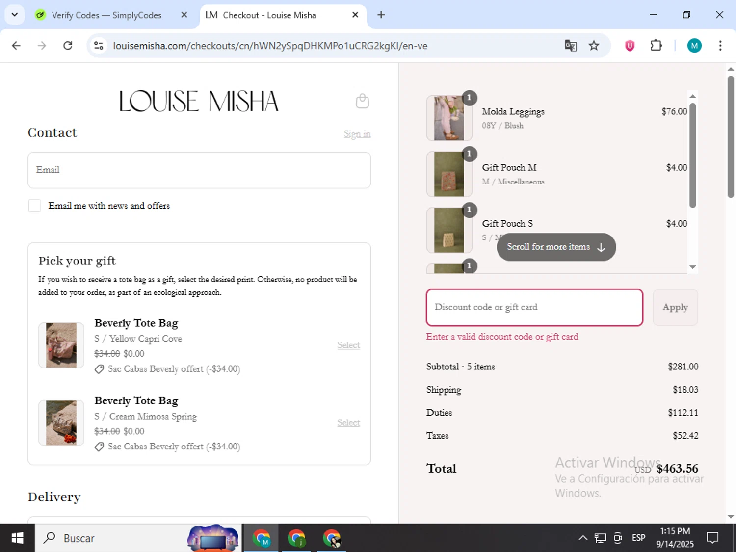 Louise Misha promo code screenshot showing code ONEYEAR applied at Louise Misha checkout page. Uploaded by SimplyCodes community member estrellaveloz on Sep 14, 2025