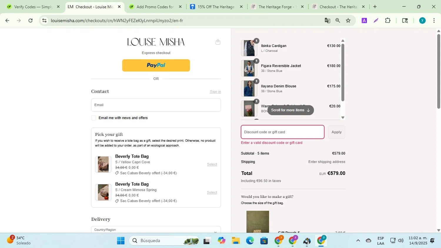 Louise Misha promo code screenshot showing code ONEYEAR applied at Louise Misha checkout page. Uploaded by SimplyCodes community member yadiracg074 on Sep 14, 2025