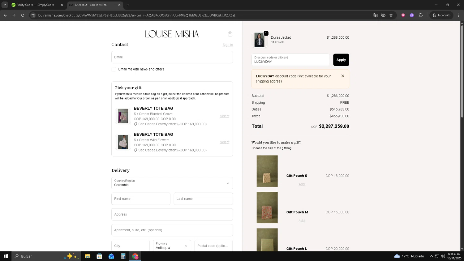 Louise Misha promo code screenshot showing code LUCKYDAY applied at Louise Misha checkout page. Uploaded by SimplyCodes community member CBR600 on Nov 16, 2025