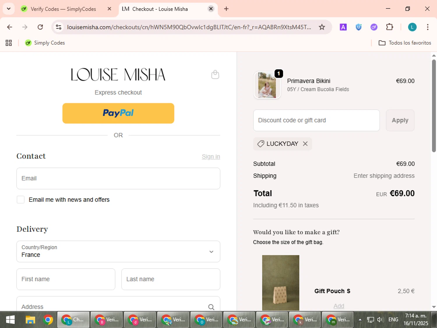 Louise Misha promo code screenshot showing code LUCKYDAY applied at Louise Misha checkout page. Uploaded by SimplyCodes community member LuckyLegend792 on Nov 16, 2025