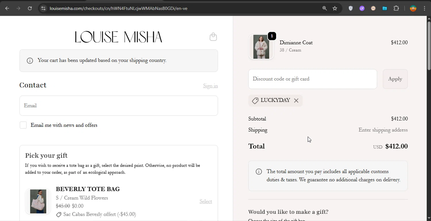 Louise Misha checkout page showing Louise Misha promo code box | Screenshot taken by SimplyCodes community member on Oct 18, 2025