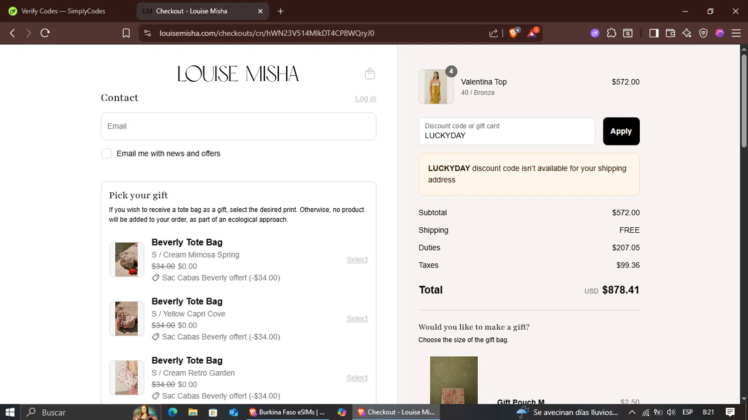 Louise Misha checkout page showing Louise Misha promo code box | Screenshot taken by SimplyCodes community member on Aug 21, 2025