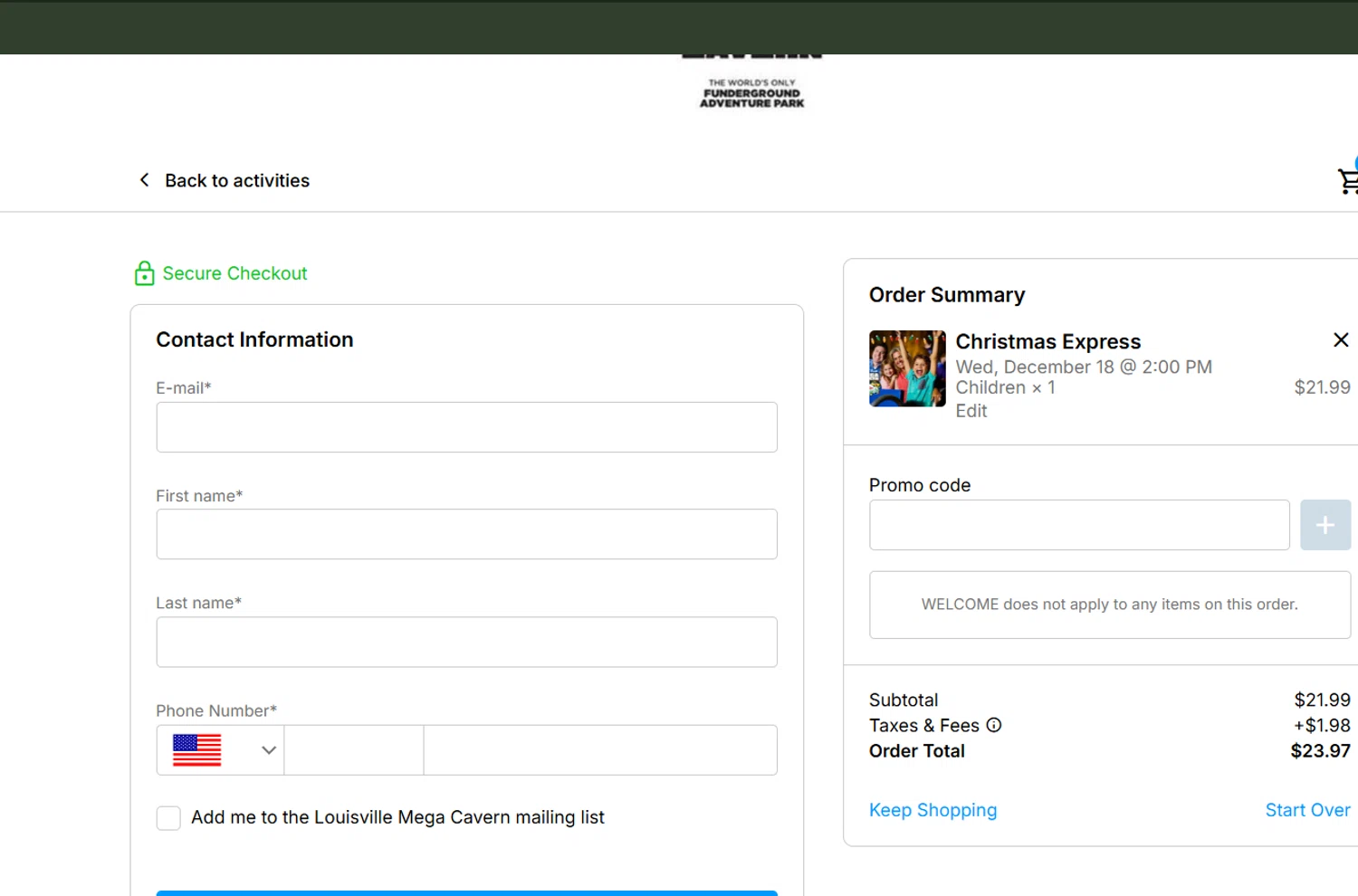 Louisville Mega Cavern checkout page showing Louisville Mega Cavern promo code box | Screenshot taken by SimplyCodes community member on Dec 13, 2024