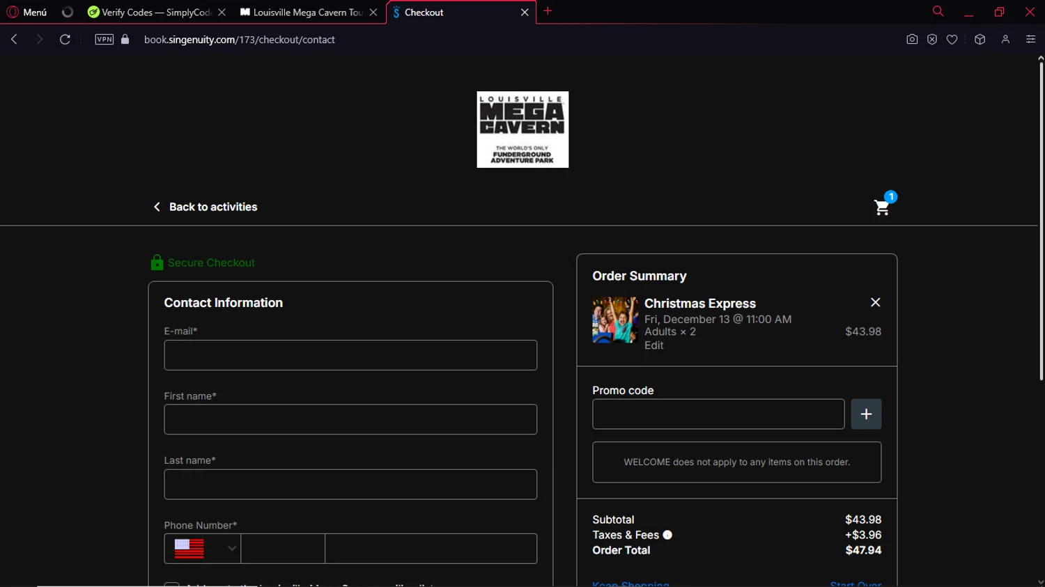 Louisville Mega Cavern checkout page showing Louisville Mega Cavern promo code box | Screenshot taken by SimplyCodes community member on Nov 30, 2024