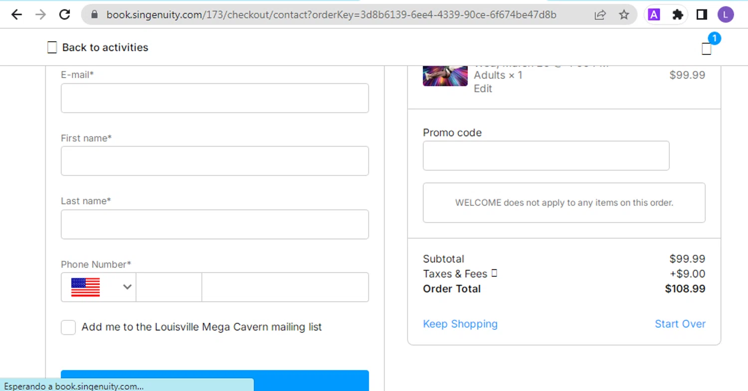 Louisville Mega Cavern promo code screenshot showing code WELCOME applied at Louisville Mega Cavern checkout page. Uploaded by SimplyCodes community member NobleKnight286 on Mar 25, 2025