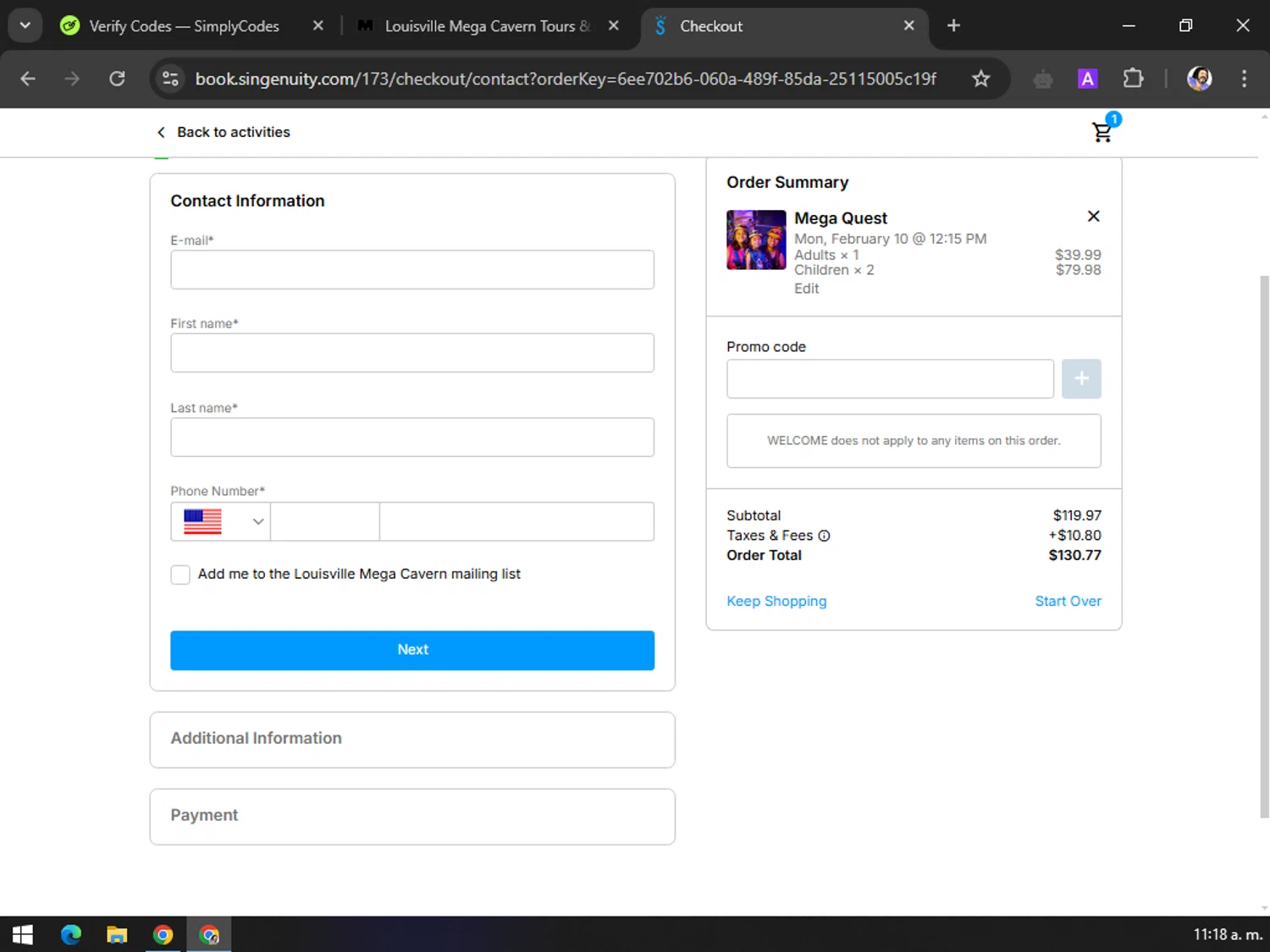Louisville Mega Cavern promo code screenshot showing code WELCOME applied at Louisville Mega Cavern checkout page. Uploaded by SimplyCodes community member guanipa on Feb 10, 2025