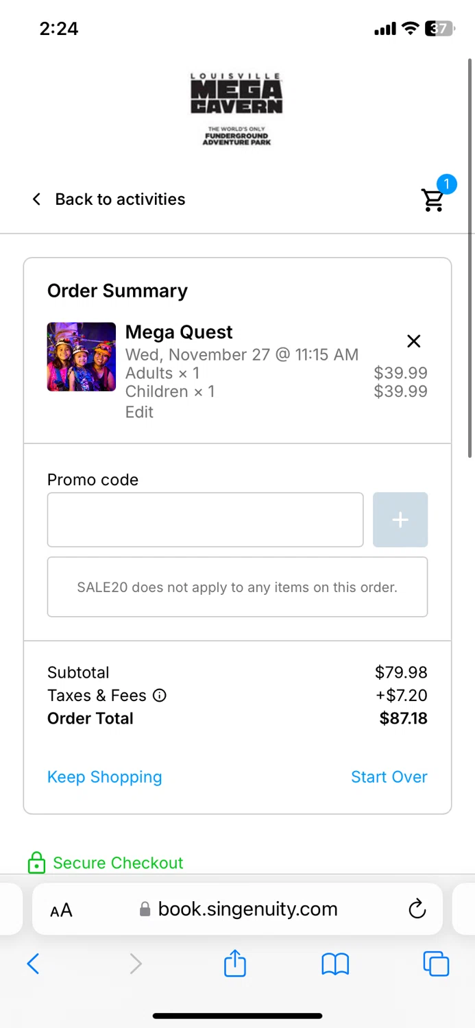 Louisville Mega Cavern checkout page showing Louisville Mega Cavern promo code box | Screenshot taken by SimplyCodes community member on Nov 24, 2024
