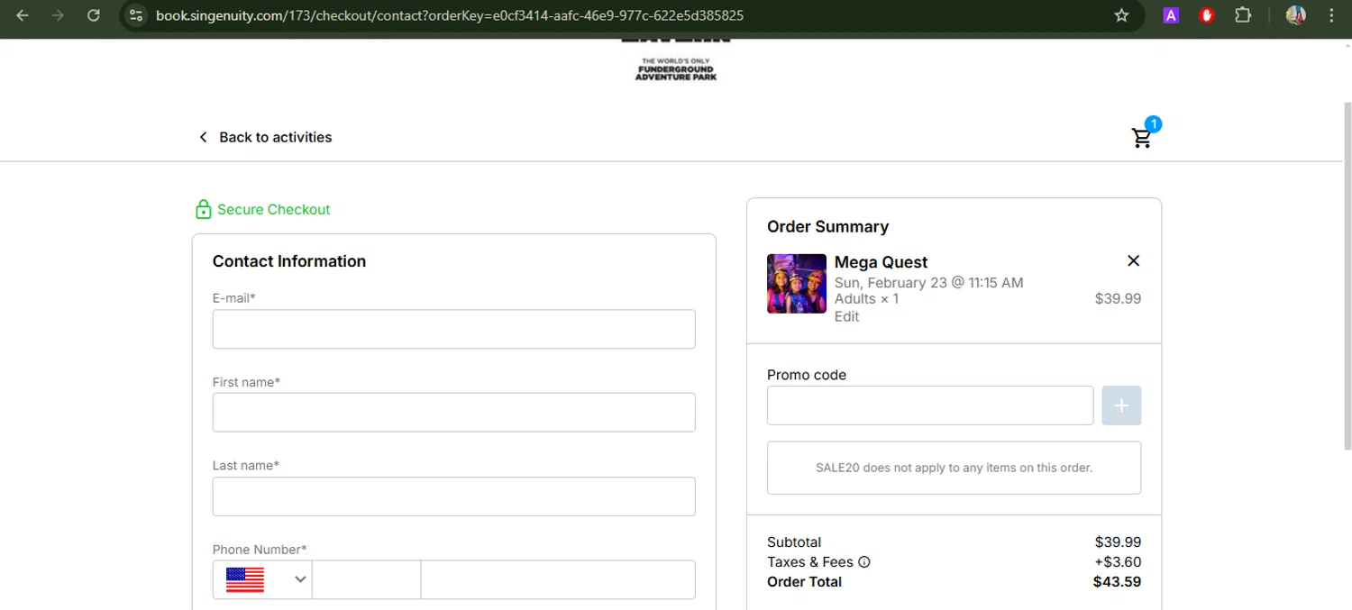 Louisville Mega Cavern promo code screenshot showing code SALE20 applied at Louisville Mega Cavern checkout page. Uploaded by SimplyCodes community member BrilliantFox7966 on Feb 22, 2025