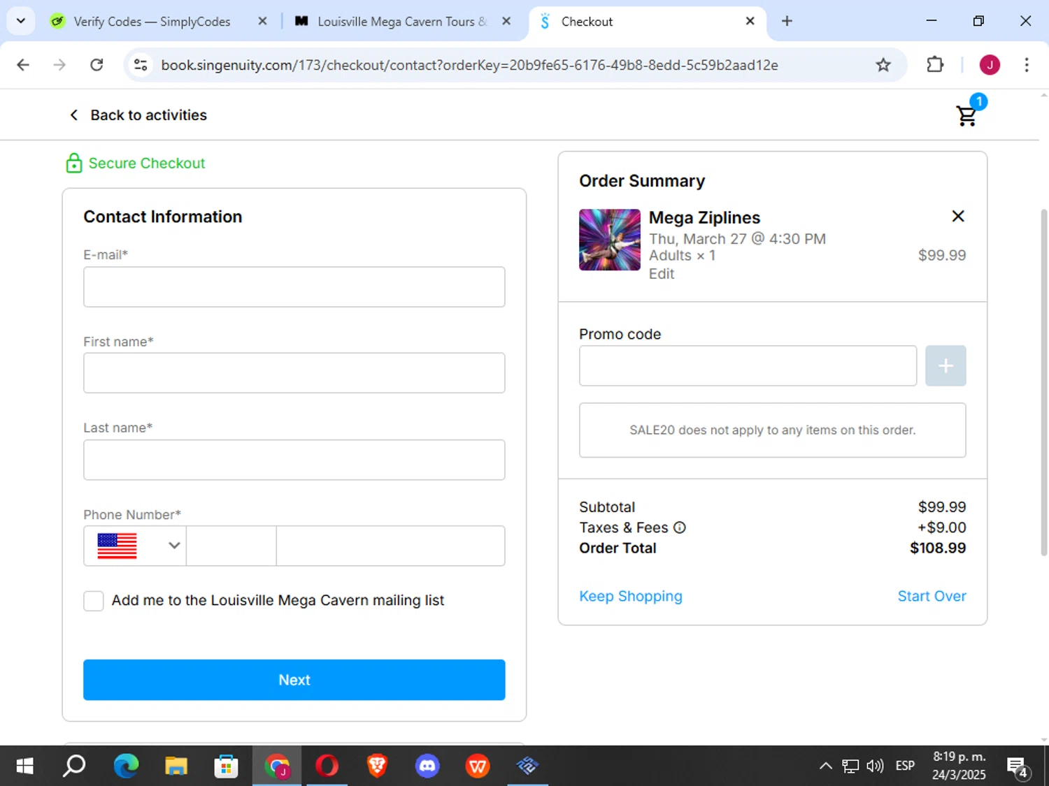 Louisville Mega Cavern promo code screenshot showing code SALE20 applied at Louisville Mega Cavern checkout page. Uploaded by SimplyCodes community member vergil_lains on Mar 25, 2025