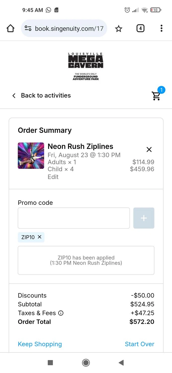 Louisville Mega Cavern checkout page showing Louisville Mega Cavern promo code box | Screenshot taken by SimplyCodes community member on Aug 23, 2024