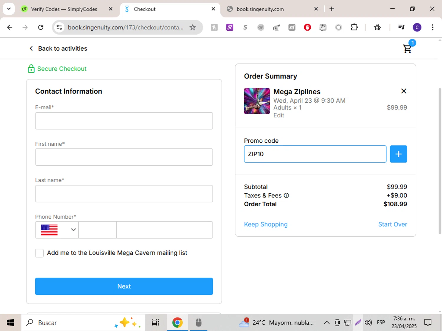 Louisville Mega Cavern promo code screenshot showing code ZIP10 applied at Louisville Mega Cavern checkout page. Uploaded by SimplyCodes community member rosiris on Apr 23, 2025
