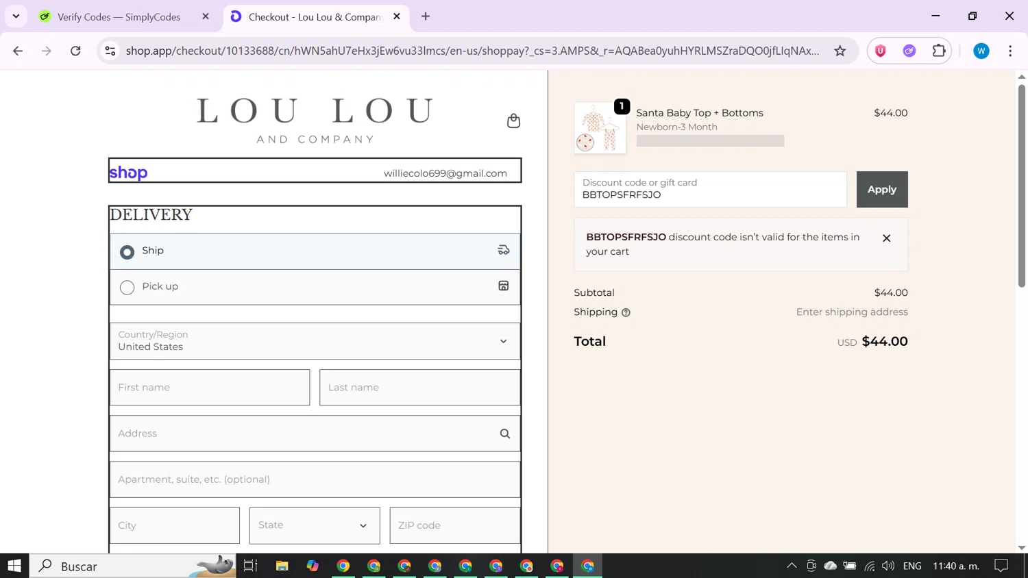 Lou Lou & Company promo code screenshot showing code BBTOPSFRFSJO applied at Lou Lou & Company checkout page. Uploaded by SimplyCodes community member CrownShopper7142 on Nov 22, 2025