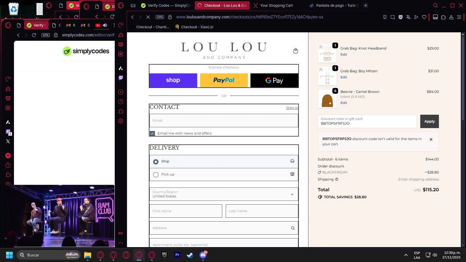 Lou Lou & Company promo code screenshot showing code BBTOPSFRFSJO applied at Lou Lou & Company checkout page. Uploaded by SimplyCodes community member Halanweik on Nov 27, 2025