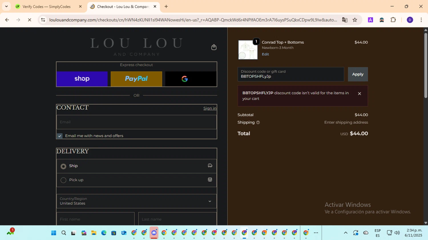 Lou Lou & Company promo code screenshot showing code BBTOPSHFLyJp applied at Lou Lou & Company checkout page. Uploaded by SimplyCodes community member MagnificentFinder9583 on Nov 6, 2025