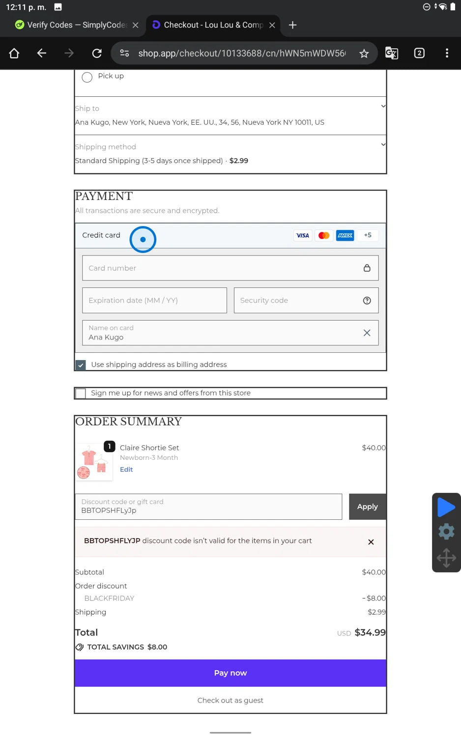 Lou Lou & Company promo code screenshot showing code BBTOPSHFLyJp applied at Lou Lou & Company checkout page. Uploaded by SimplyCodes community member SmartWhiz9028 on Nov 27, 2025