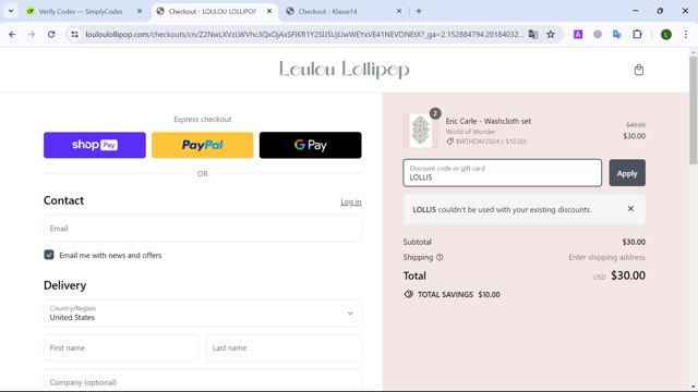 Loulou Lollipop checkout page showing Loulou Lollipop promo code box | Screenshot taken by SimplyCodes community member on May 23, 2024