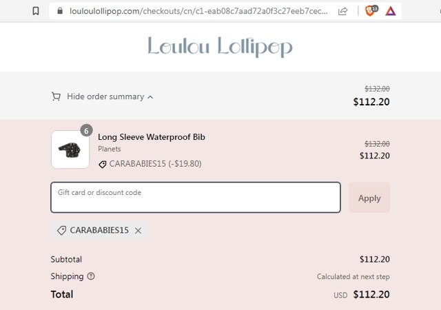 Loulou Lollipop checkout page showing Loulou Lollipop promo code box | Screenshot taken by SimplyCodes community member on Aug 8, 2023