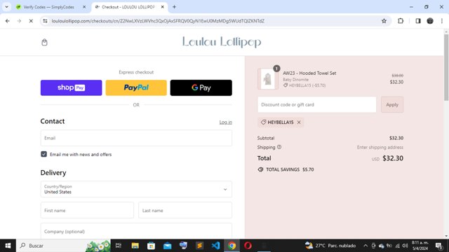 Loulou Lollipop checkout page showing Loulou Lollipop promo code box | Screenshot taken by SimplyCodes community member on Apr 5, 2024